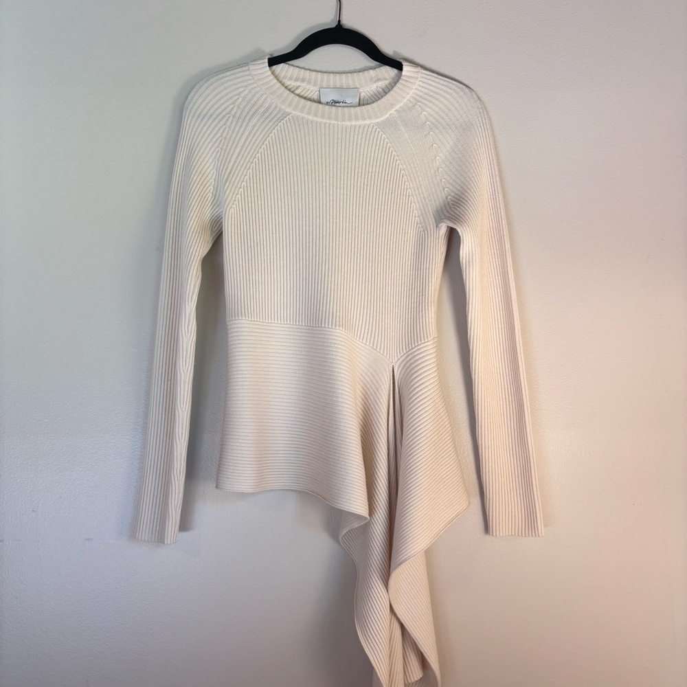 3.1 Phillip Lim Cream Asymmetrical Ribbed Knit Sweater with Waist Tie